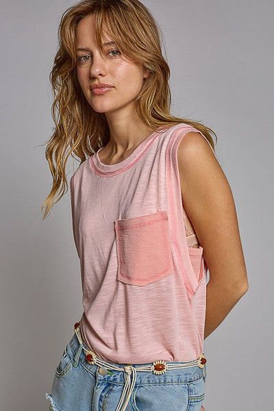 Round Neck Sleeveless Pocket Front Solid Top in Blush