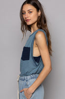 Round Neck Sleeveless Pocket Front Solid Top in Denim