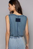 Round Neck Sleeveless Pocket Front Solid Top in Denim