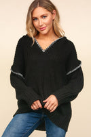 Notched Neck Long Sleeve Hooded Pullover