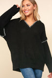 Notched Neck Long Sleeve Hooded Pullover