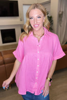 Gauze Button Down Babydoll Blouse in Pink Cosmos